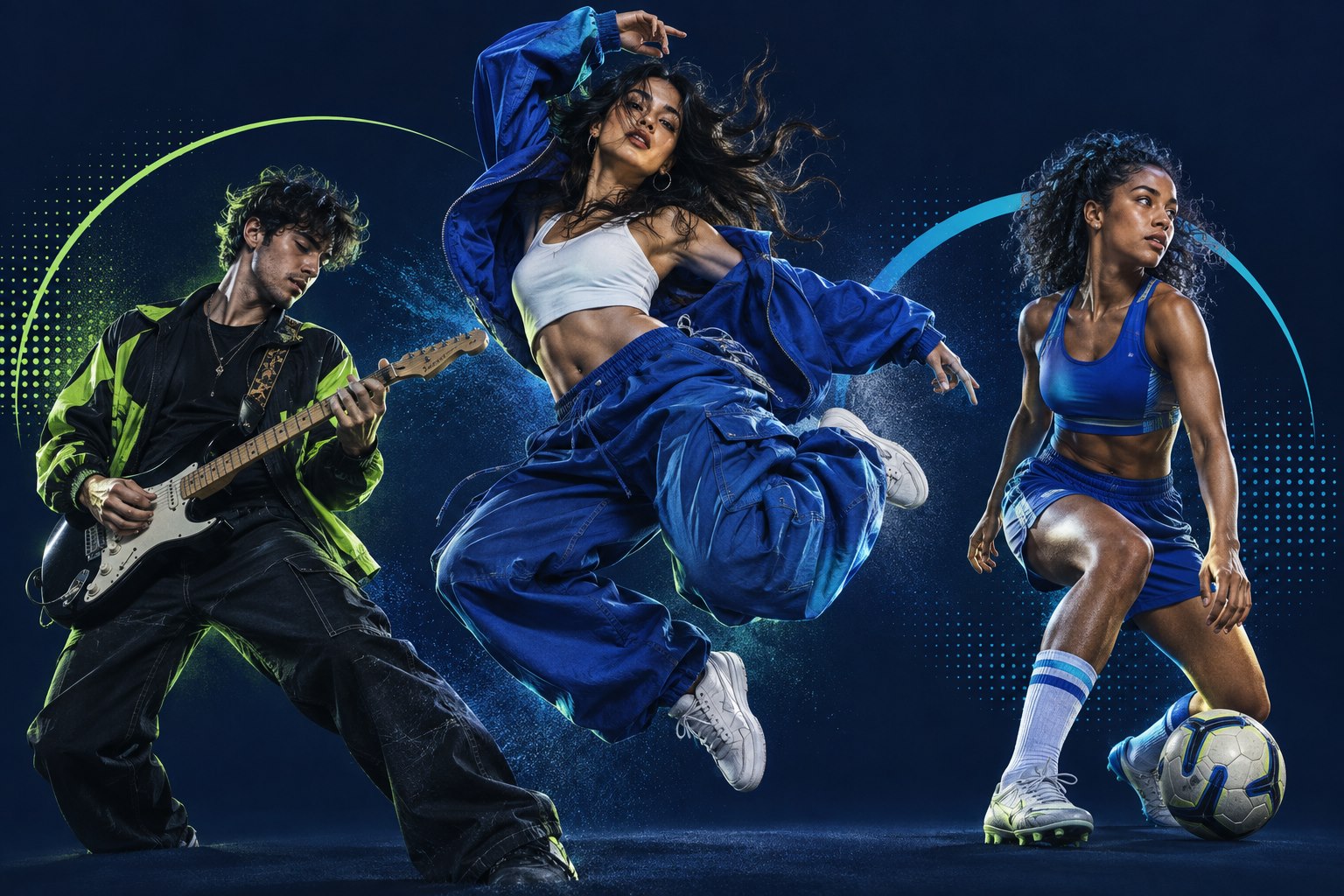 Creative collage of a guitarist, dancer and footballer